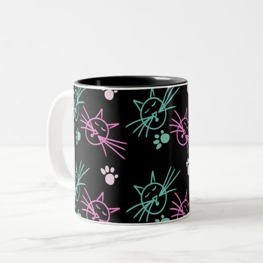 Niedliche Katze Doodle Rosa Aquamarin Schwarz Zweifarbige Tasse (Vorderseite Links)