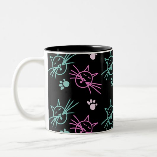Niedliche Katze Doodle Rosa Aquamarin Schwarz Zweifarbige Tasse (Links)