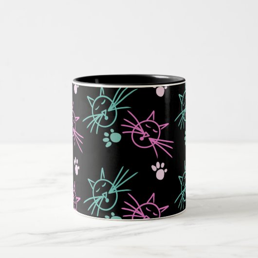 Niedliche Katze Doodle Rosa Aquamarin Schwarz Zweifarbige Tasse (Mittel)
