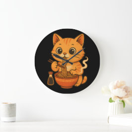 Niedliche Katze Eating Ramen Große Wanduhr