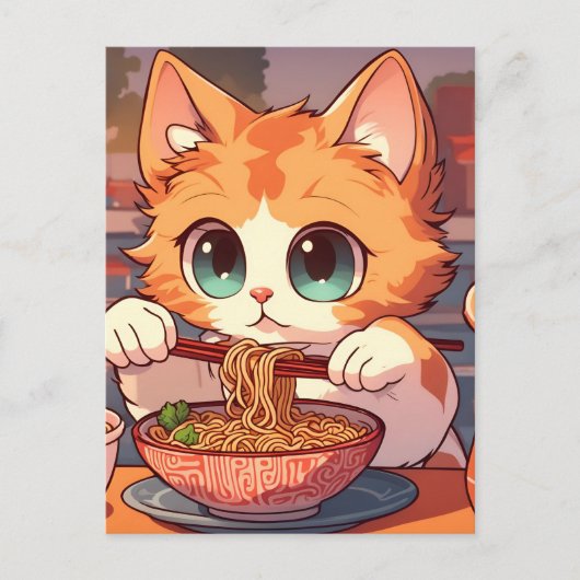 Niedliche Katze Eating Ramen Noodles Postkarte (Vorderseite)