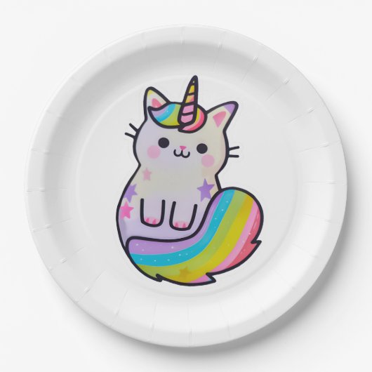 Niedliche Katze Einhorn Regenbogen Pappteller (Vorderseite)