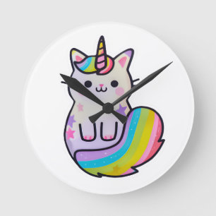 Niedliche Katze Einhorn Regenbogen Runde Wanduhr
