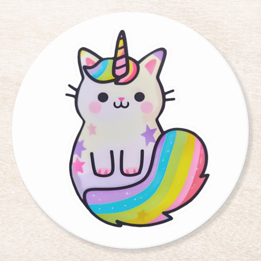 Niedliche Katze Einhorn Regenbogen Runder Pappuntersetzer (Vorderseite)