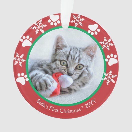 Niedliche Katze Erste Weihnachtsschneeflocken Paw Ornament (Vorderseite)