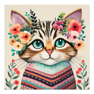 Niedliche Katze Florale Wasserfarbe  Fotodruck