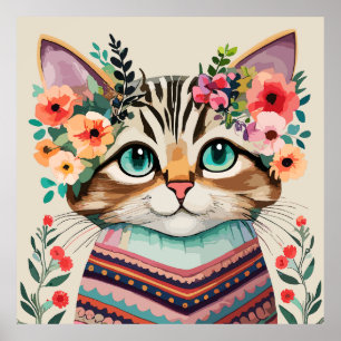 Niedliche Katze Florale Wasserfarbe  Poster