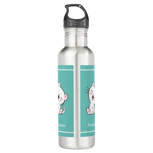 Niedliche Katze & Herz auf Aquamarin Edelstahlflasche (Rückseite)