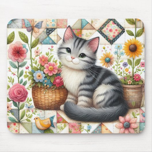 Niedliche Katze im Blumengeflecht Mousepad (Vorne)