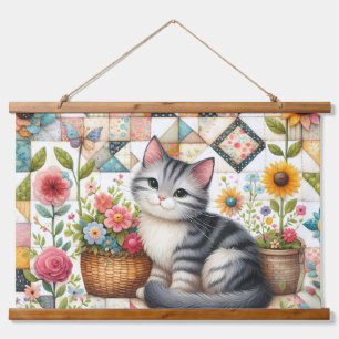 Niedliche Katze im Blumengeflecht Wandteppich Mit Holzrahmen
