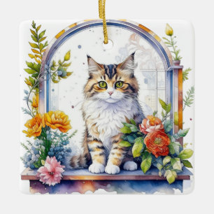 Niedliche Katze im Fenster der Blume Personalisier Keramikornament