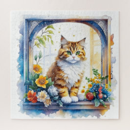 Niedliche Katze im Fenster der Blume Puzzle