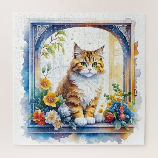 Niedliche Katze im Fenster der Blume Puzzle (Vertikal)