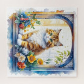 Niedliche Katze im Fenster der Blume Puzzle (Horizontal)