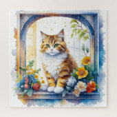 Niedliche Katze im Fenster der Blume Puzzle (Vertikal)