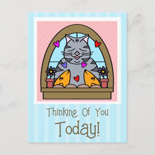 Niedliche Katze im Fenster mit Fisch denken Sie an Postkarte (Vorderseite)