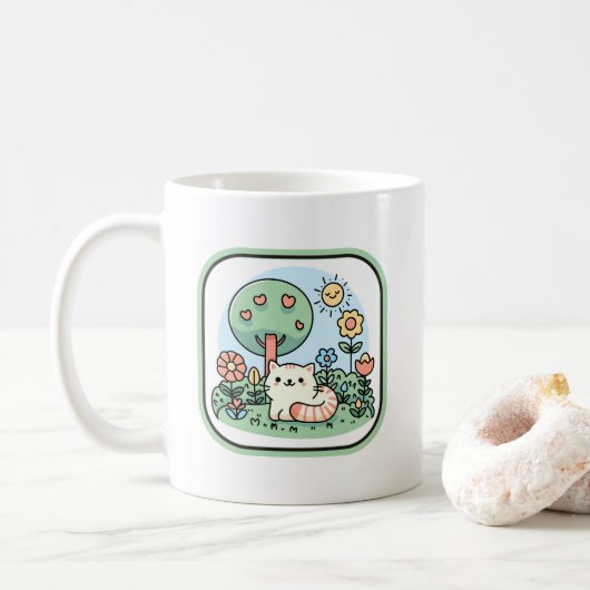 Niedliche Katze im Garten Doodle Art Kaffeetasse (Mit Donut)
