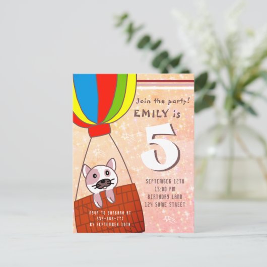 Niedliche Katze im Heißluftballon Glitzer Girl Bir Einladungspostkarte (Stehend Vorderseite)