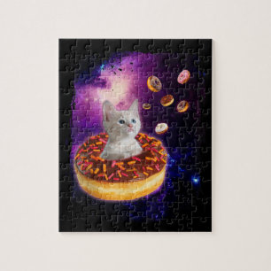 Niedliche Katze im Inneren Donut im Weltraum Liebh Puzzle