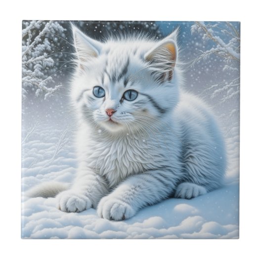 Niedliche Katze im Schnee Fliese (Vorderseite)