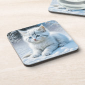 Niedliche Katze im Schnee Getränkeuntersetzer (Linke Seite)