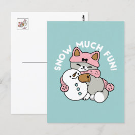 Niedliche Katze im Snow Gear mit Snowman Art Postkarte