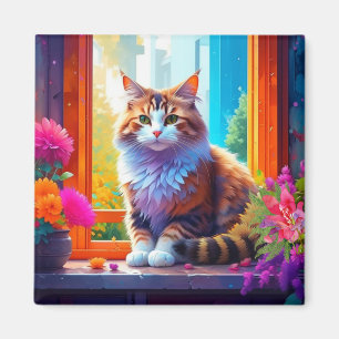 Niedliche Katze im Stadtfenster Kunst Magnet
