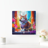 Niedliche Katze im Stadtfenster Kunst Quadratische Wanduhr (Zuhause)