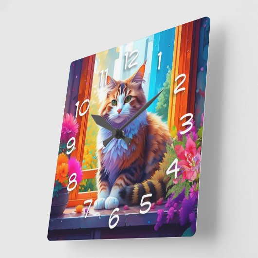 Niedliche Katze im Stadtfenster Kunst Quadratische Wanduhr (Winkel)