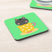 Niedliche Katze im Teacup-Cartoon auf Minze Getränkeuntersetzer (Linke Seite)