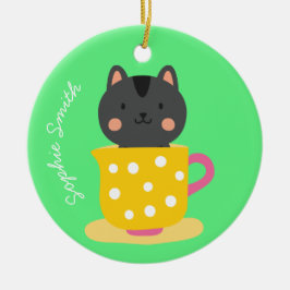 Niedliche Katze im Teacup-Cartoon auf Minze Keramik Ornament