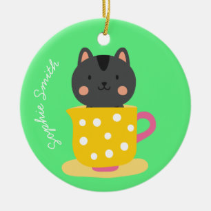 Niedliche Katze im Teacup-Cartoon auf Minze Keramik Ornament