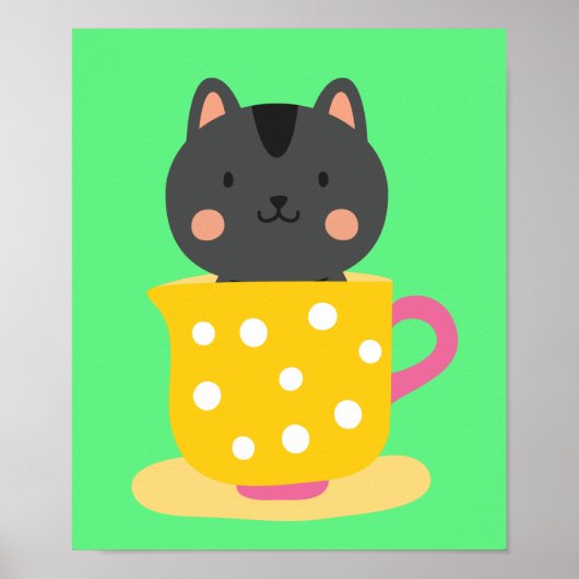 Niedliche Katze im Teacup-Cartoon auf Minze Poster (Vorne)