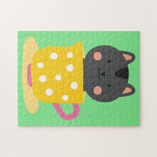 Niedliche Katze im Teacup-Cartoon auf Minze Puzzle (Horizontal)