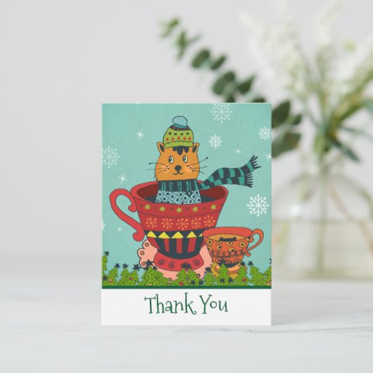 Niedliche Katze im Teacup Weihnachten Vielen Dank Postkarte (Stehend Vorderseite)