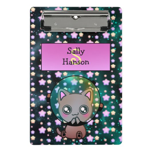 Niedliche Katze im Weltraum schwimmend mit Sternen Mini Klemmbrett (Vorderseite)