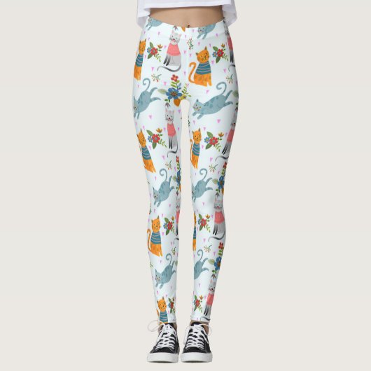 Niedliche Katze in Blume Gartenmuster Leggings (Vorderseite)