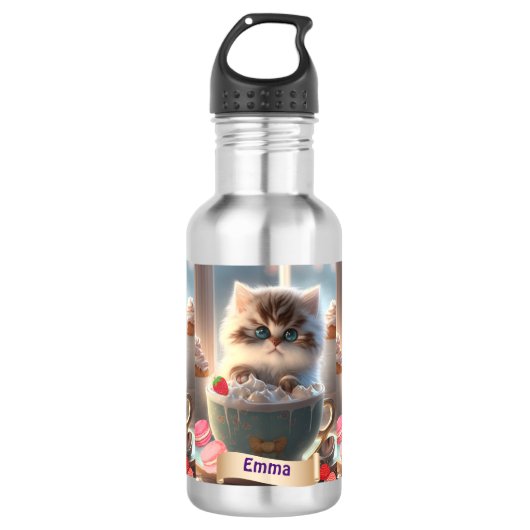 Niedliche Katze in einem Cup Personalisierter Name Edelstahlflasche (Vorderseite)