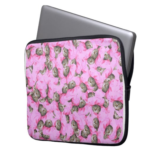 Niedliche Katze in einem rosa Caps-Muster zufällig Laptopschutzhülle (Vorderseite Links)