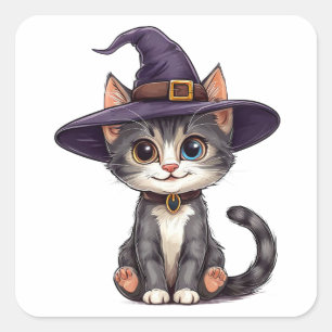 Niedliche Katze in Hexenhut Quadratischer Aufkleber