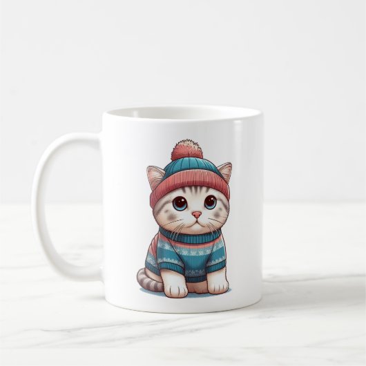 Niedliche Katze in Pullover und Mütze Kaffeetasse (Links)