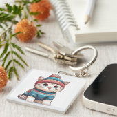 Niedliche Katze in Pullover und Mütze Schlüsselanhänger (Vorderseite rechts)