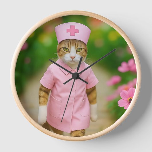 Niedliche Katze in rosa Krankenschwester Uniform R Uhr (Vorderseite)