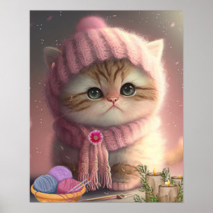 Niedliche Katze in rosa Strick Hut und Scarf Garn  Poster
