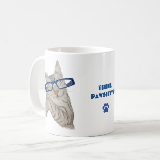 Niedliche Katze in Spektren denken Pawsitive Posit Kaffeetasse (Vorderseite Links)