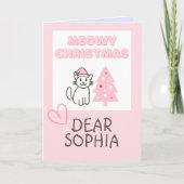 Niedliche Katze in Weihnachtsmannmütze & Baum Meow Karte (Vorderseite)