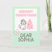 Niedliche Katze in Weihnachtsmannmütze & Baum Meow Karte (Vorderseite)