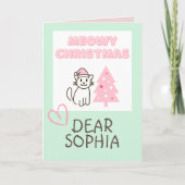 Niedliche Katze in Weihnachtsmannmütze & Baum Meow Karte (Vorderseite)