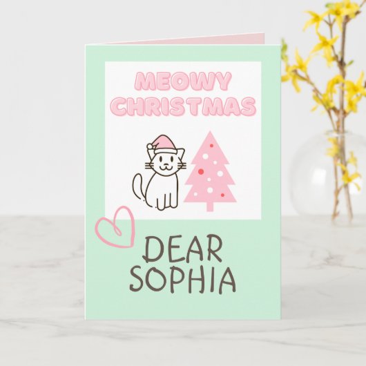 Niedliche Katze in Weihnachtsmannmütze & Baum Meow Karte (Gelbe Blume)