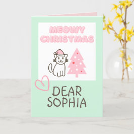 Niedliche Katze in Weihnachtsmannmütze & Baum Meow Karte